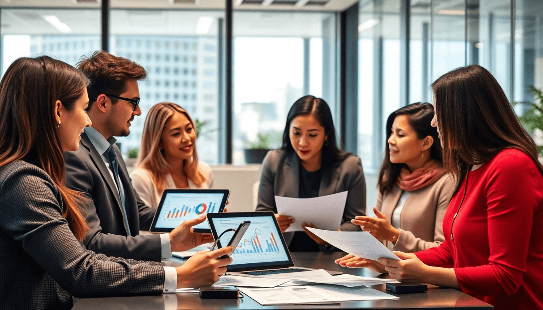 A modern office with professionals collaborating over digital devices showing graphs and charts, discussing procurement strategies with documents l...