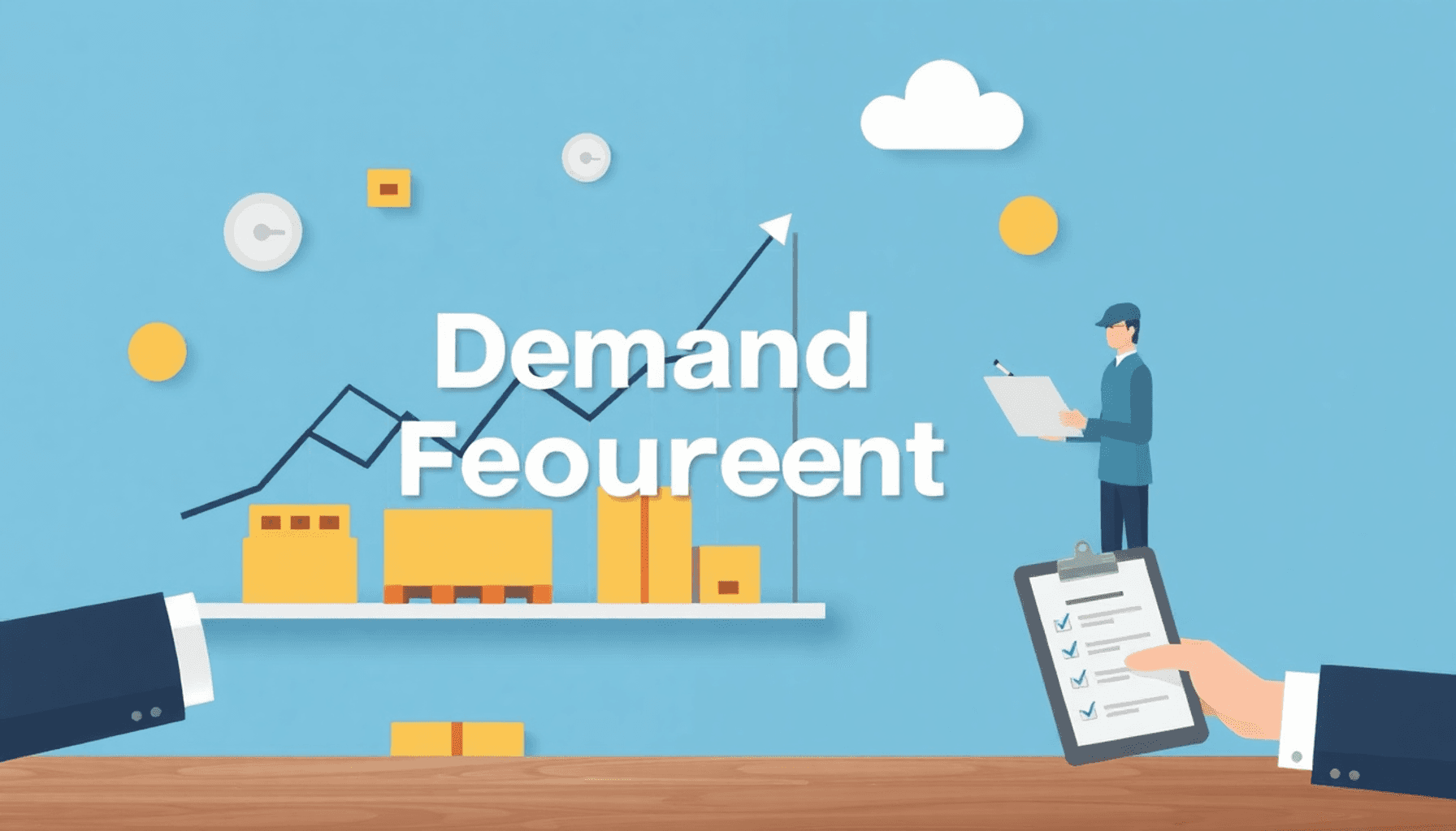 A professional image depicting a demand forecasting chart with inventory boxes, collaboration symbols like a handshake and clipboard, showcasing ef...