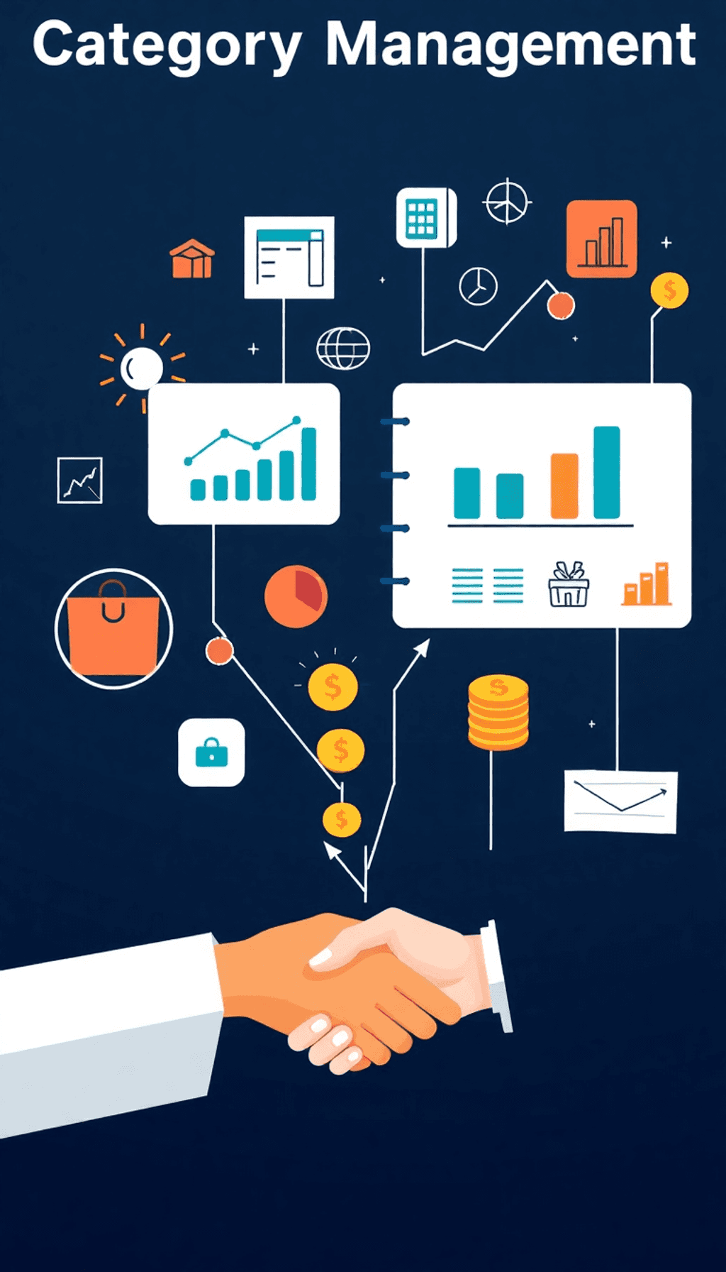 A professional image showcasing category management in procurement with charts, graphs, product icons, and symbols of collaboration and cost saving...