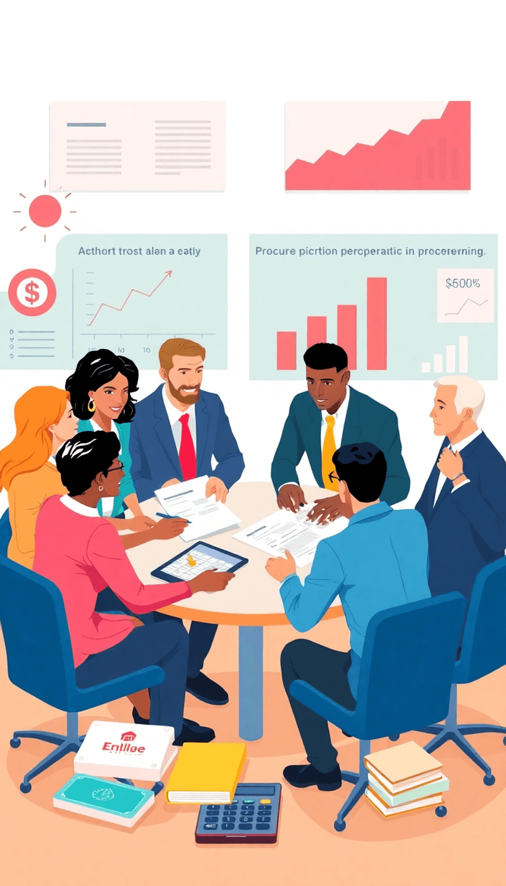 A realistic illustration of government officials collaborating in a meeting, surrounded by charts and graphs, symbols of teamwork, contracts, calcu...