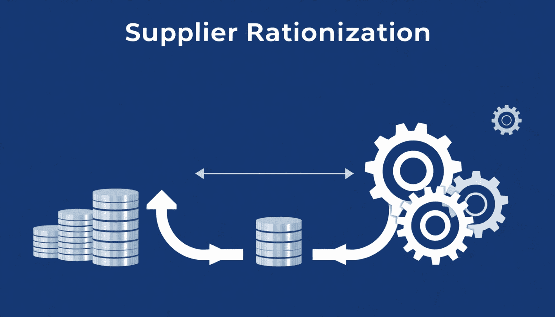 A simplified supply chain diagram with highlighted suppliers, stacks of coins for cost savings, and gears for efficiency in a modern, professional ...