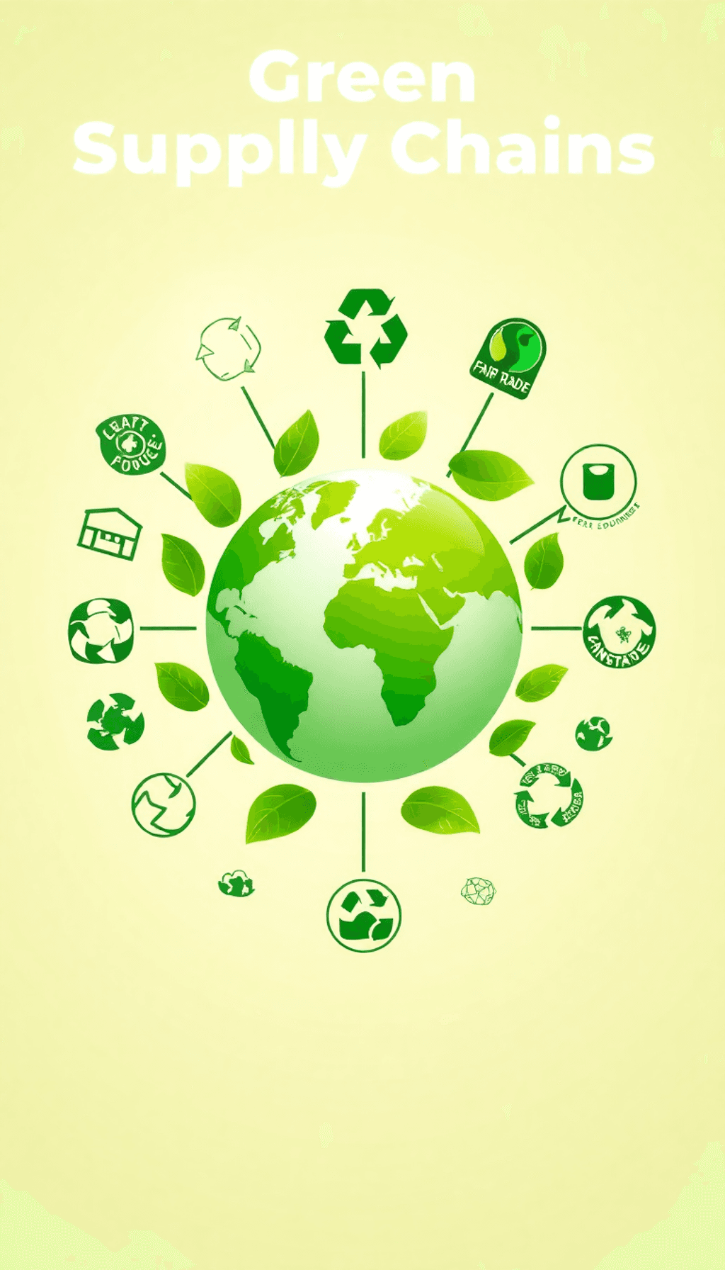 A vibrant green supply chain concept with a globe surrounded by leaves, recycling icons, and fair trade labels against a soft earth-toned background.