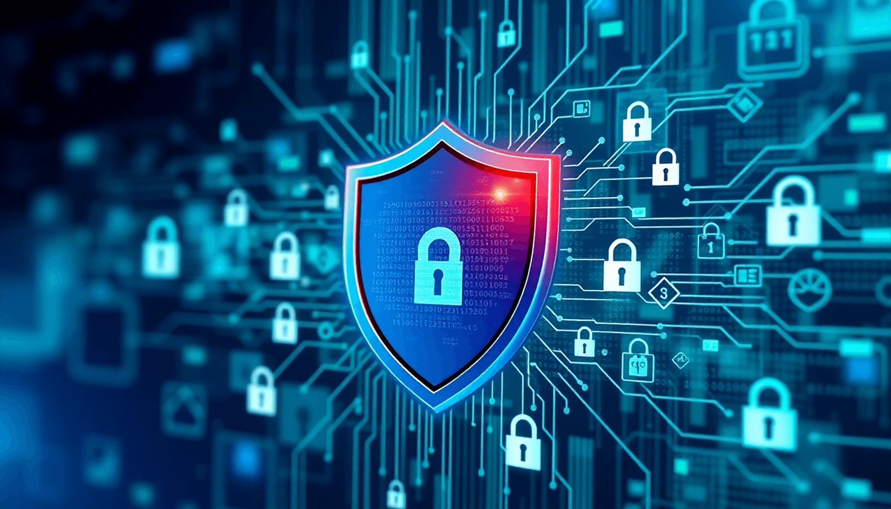 An abstract depiction of cybersecurity compliance with a shield, digital locks, and binary code, set against a blue and green background symbolizin...