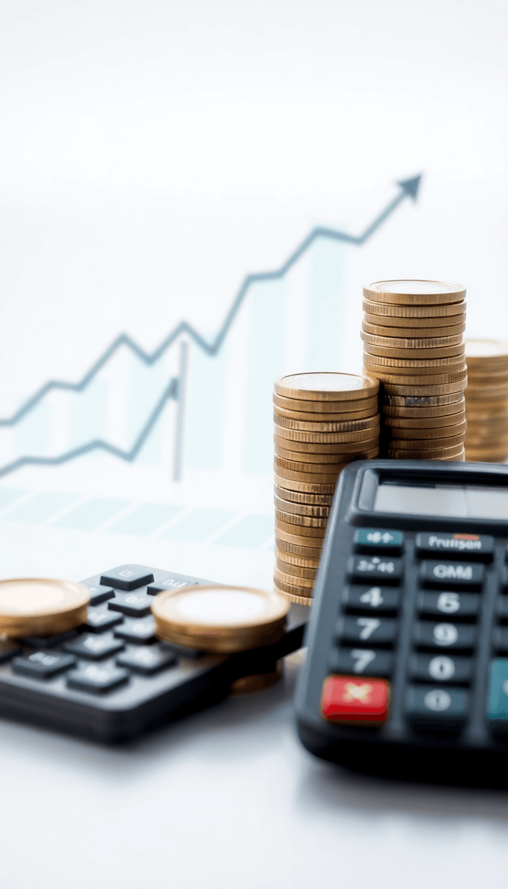 An abstract image depicting financial analysis with a rising graph, stacks of coins, and a calculator against a bright, professional background sym...