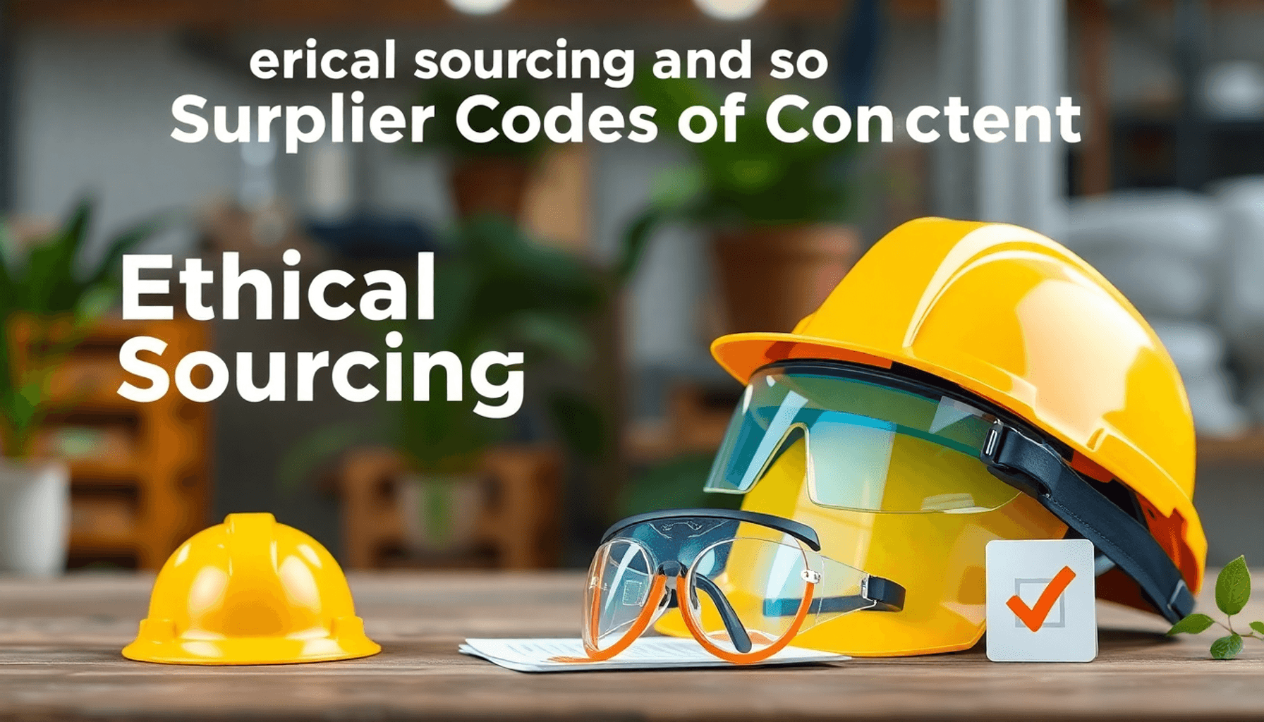 An illustration showcasing ethical sourcing with symbols like a hard hat, safety goggles, and a checklist, set against a backdrop of a clean, safe ...