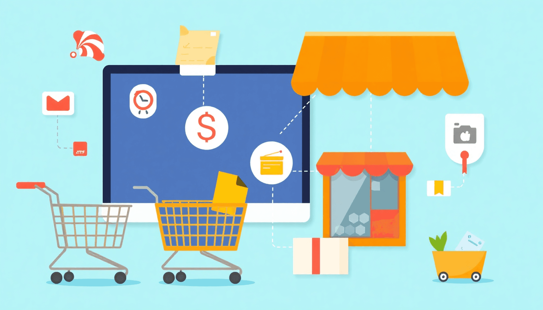 An illustration showcasing shopping carts, mobile devices, and storefronts in bright colors, symbolizing the seamless integration of online and off...