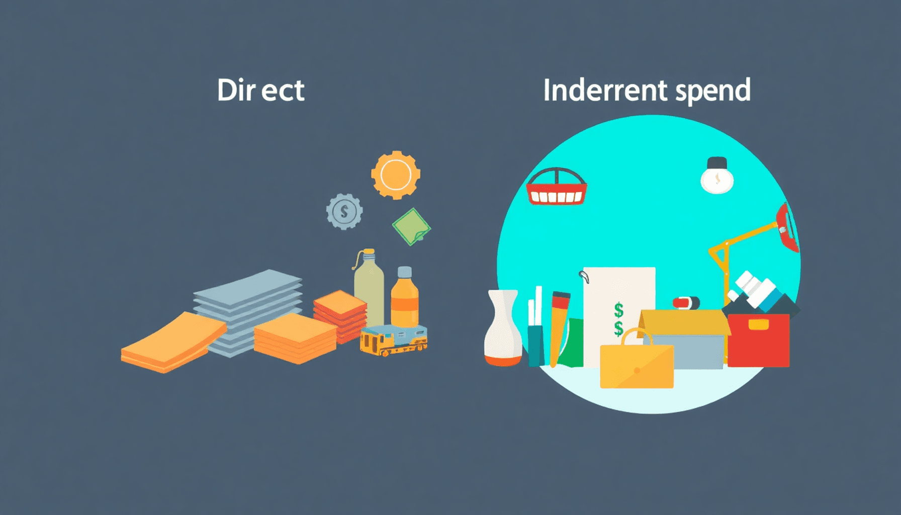 An image showing a split concept of direct and indirect spend in procurement: one side features raw materials like metal sheets, while the other sh...