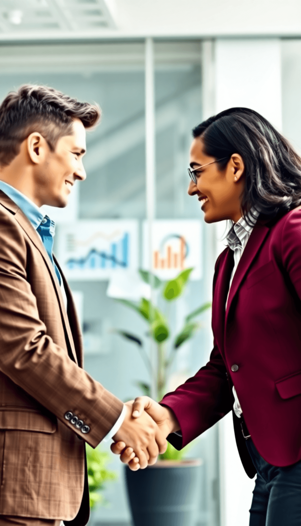 Two business professionals shaking hands in a modern office, surrounded by charts and plants, symbolizing collaboration and mutual success.