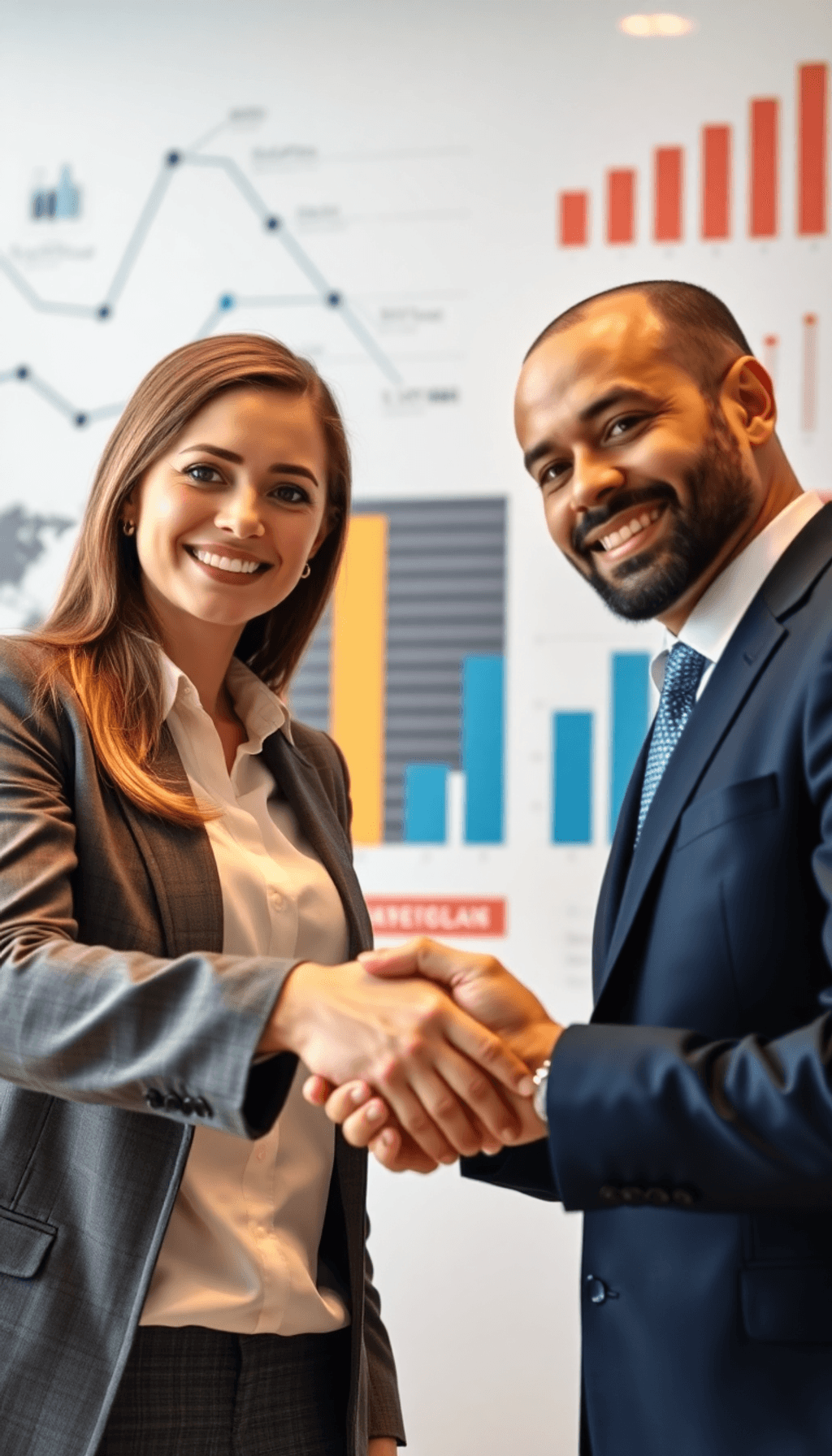 Two business professionals shaking hands in front of supply chain graphics, symbolizing partnership and collaboration with charts and graphs in the...