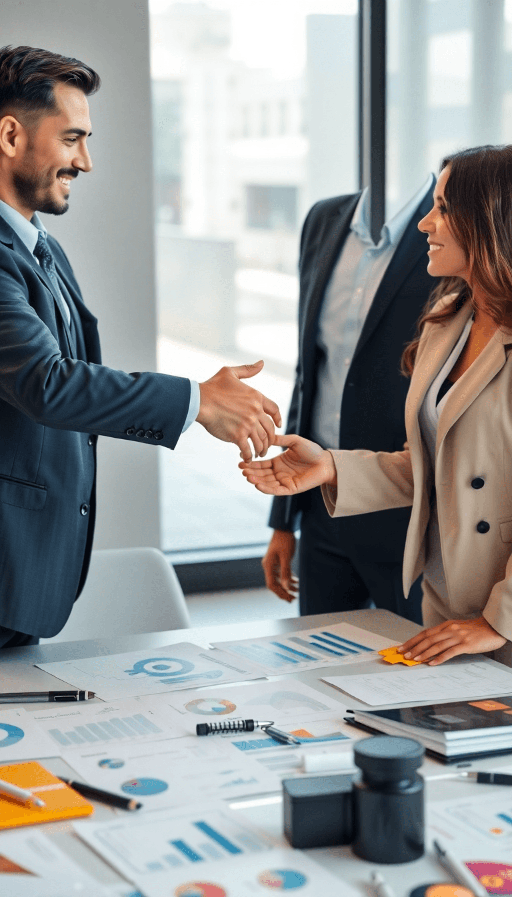 Two business professionals shaking hands over a table with contracts, charts, and product samples in a professional office setting, symbolizing col...