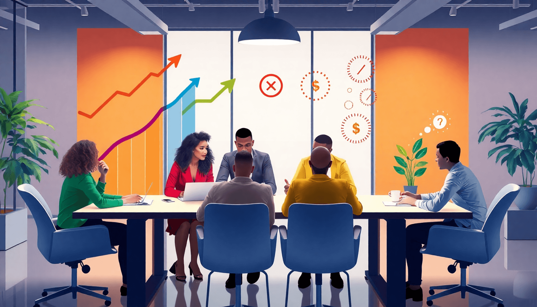 Business professionals collaborating around a table with colorful abstract symbols of growth, savings, and diversity in a vibrant office setting.