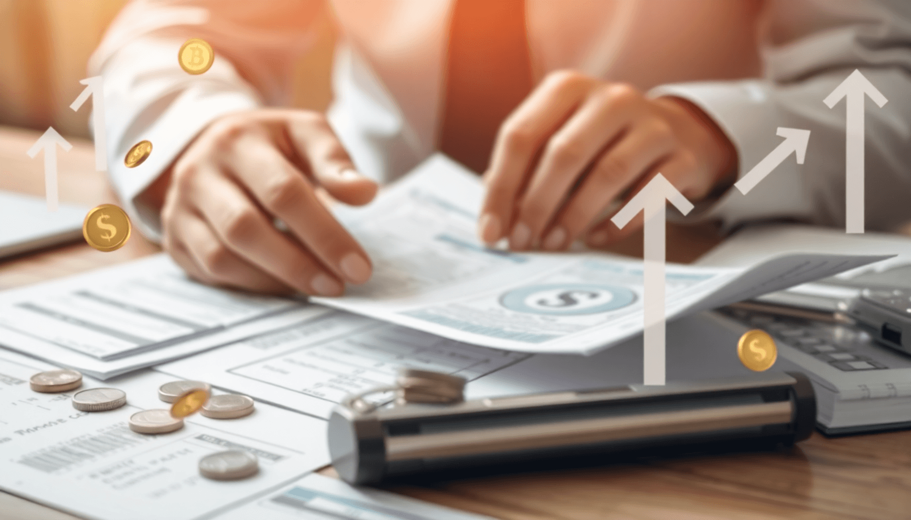 Close-up of hands reviewing financial documents and receipts on a desk with floating coins and upward arrows, indicating financial analysis.