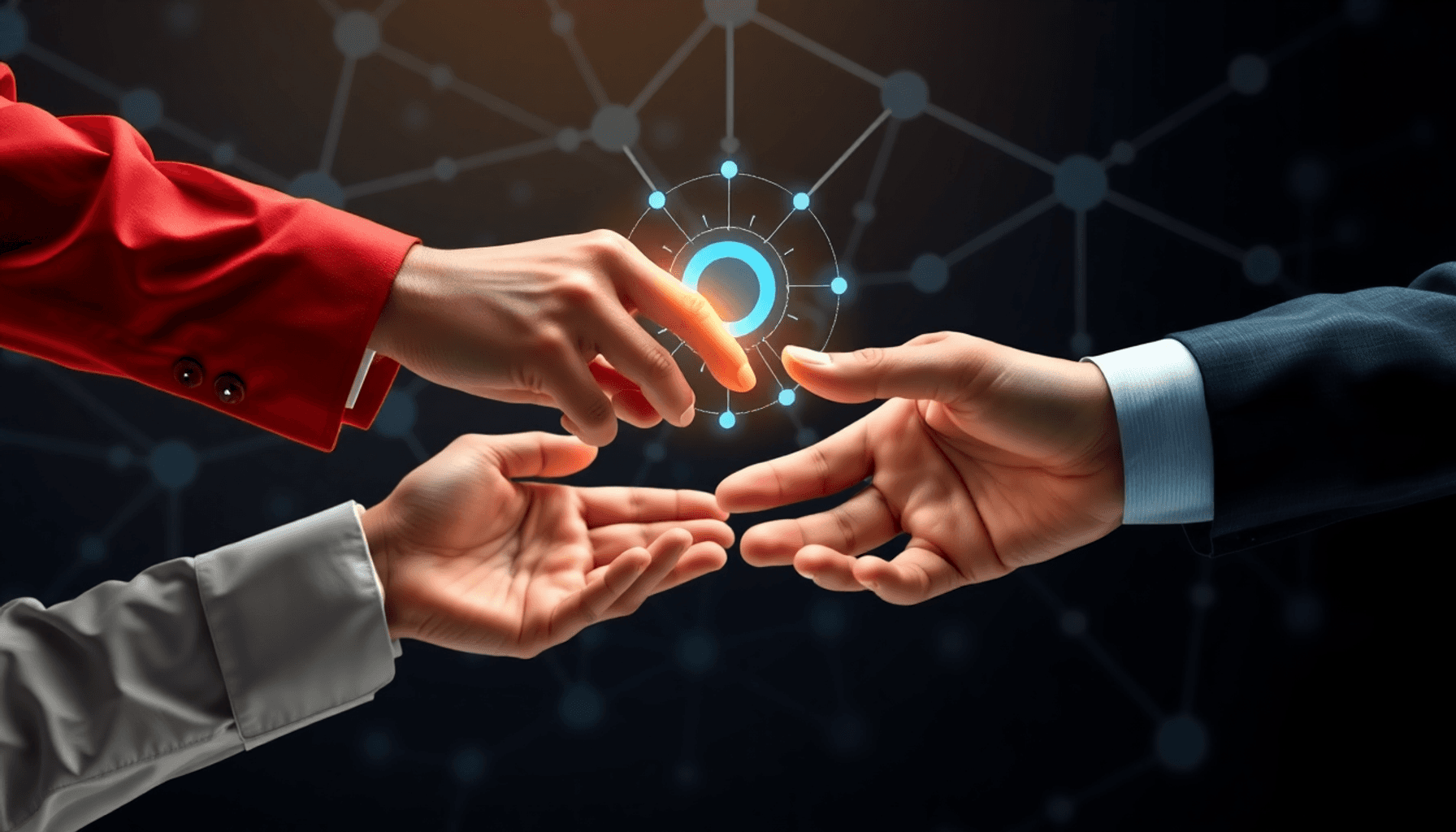 Hands exchanging a glowing digital contract amid interconnected nodes and arrows, symbolizing fast, collaborative supplier onboarding and urgent pr...