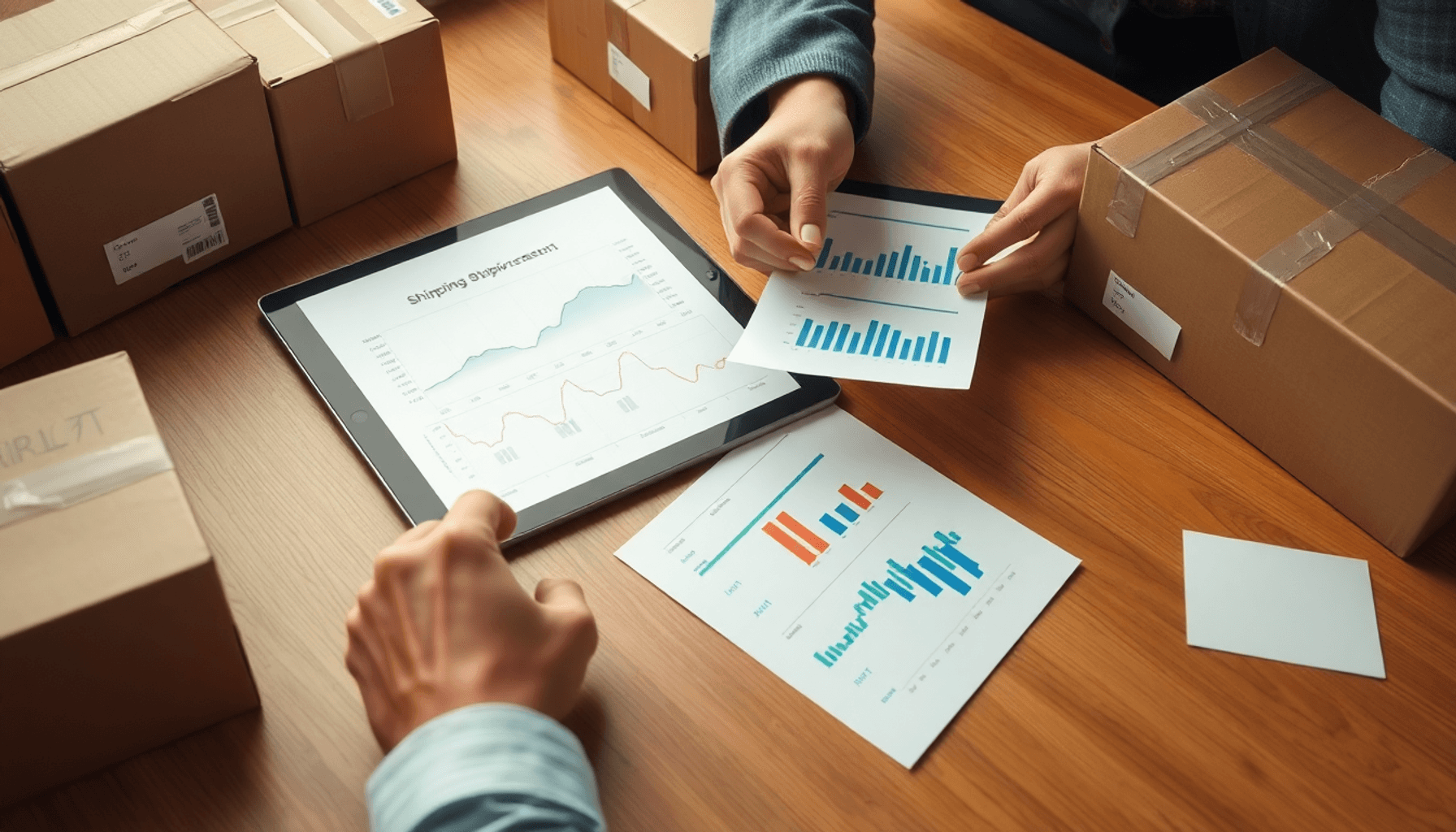 Hands reviewing shipping documents on a wooden desk with cardboard packages and a tablet showing shipment tracking graphs.