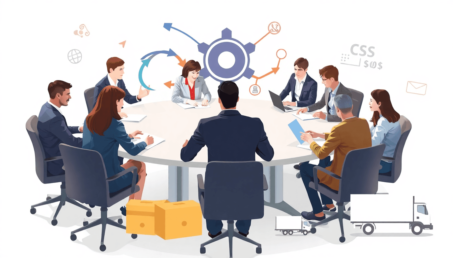 Professionals collaborating around a table with arrows, parcels, delivery trucks, and abstract shapes symbolizing unity and efficient logistics on ...