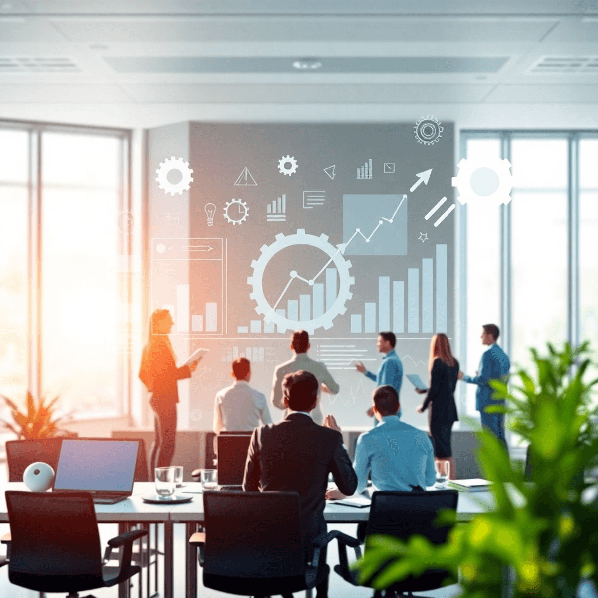 Professionals collaborating around transparent digital charts and graphs in a modern office, with icons of gears and arrows symbolizing progress an...