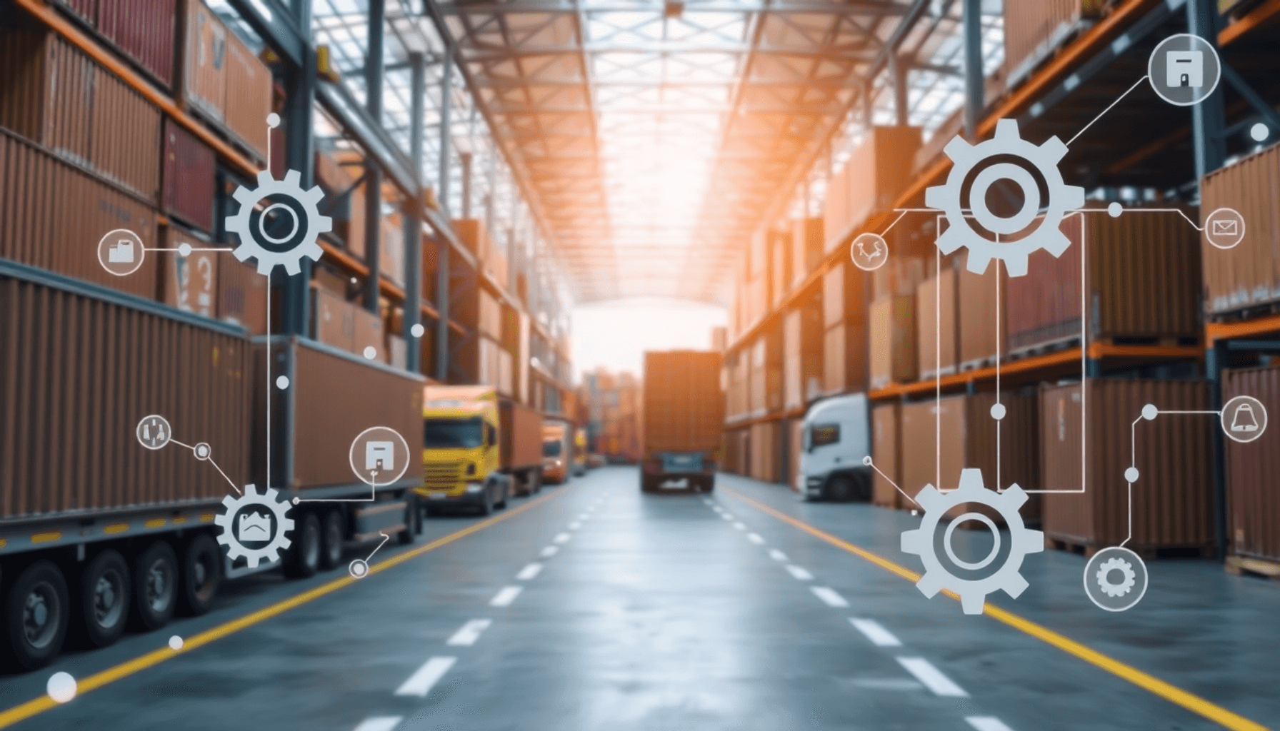 A bright logistics warehouse with shipping containers, cargo trucks, and digital overlays of data flow, gears, and network icons symbolizing effici...