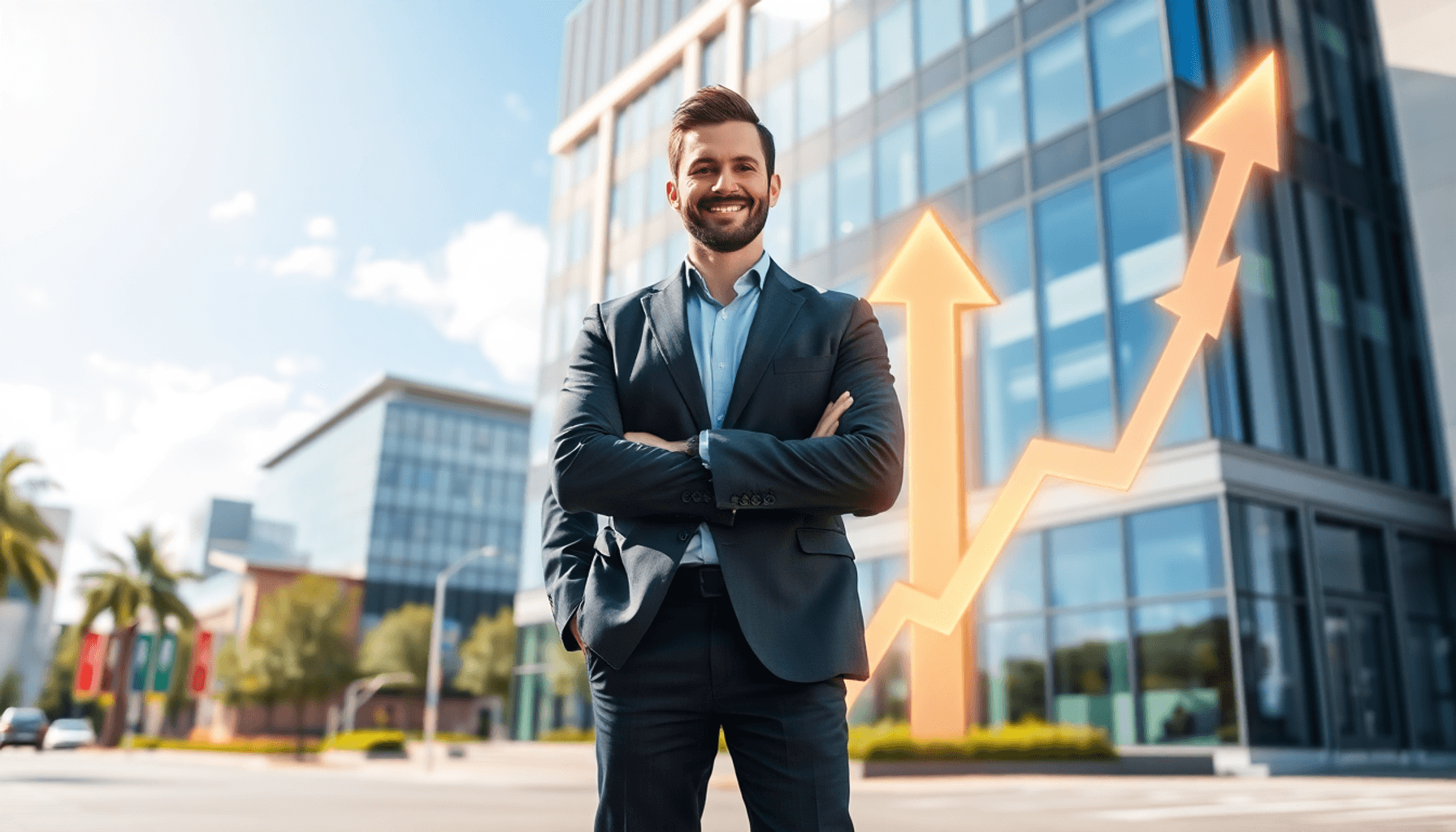 A confident business owner stands before a modern office with glowing arrows and upward graphs symbolizing growth under a bright, clear sky.
