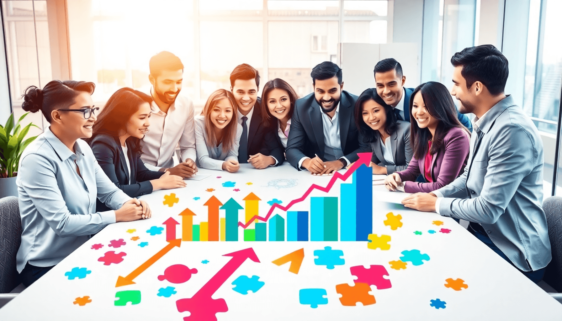 A diverse group of businesspeople collaborating around a table with colorful arrows, puzzle pieces, and network nodes in a bright modern office.