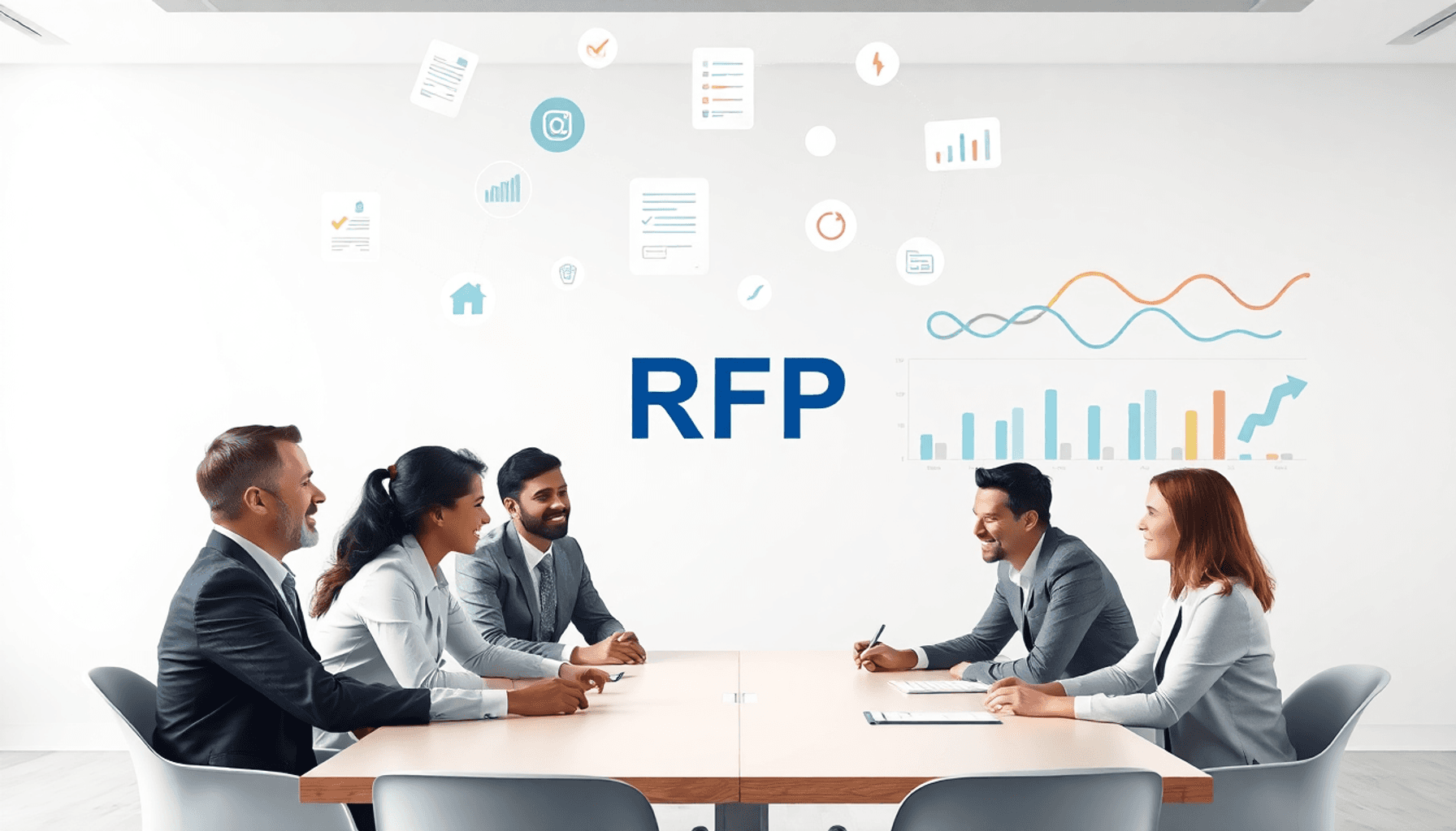 A diverse group of professionals collaborating around a table with floating icons of documents, checklists, and communication, set against colorful...