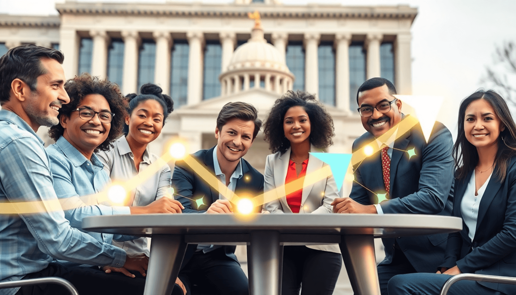 A group of business professionals collaborating around a table with abstract arrows and glowing network nodes, set against a modern government buil...