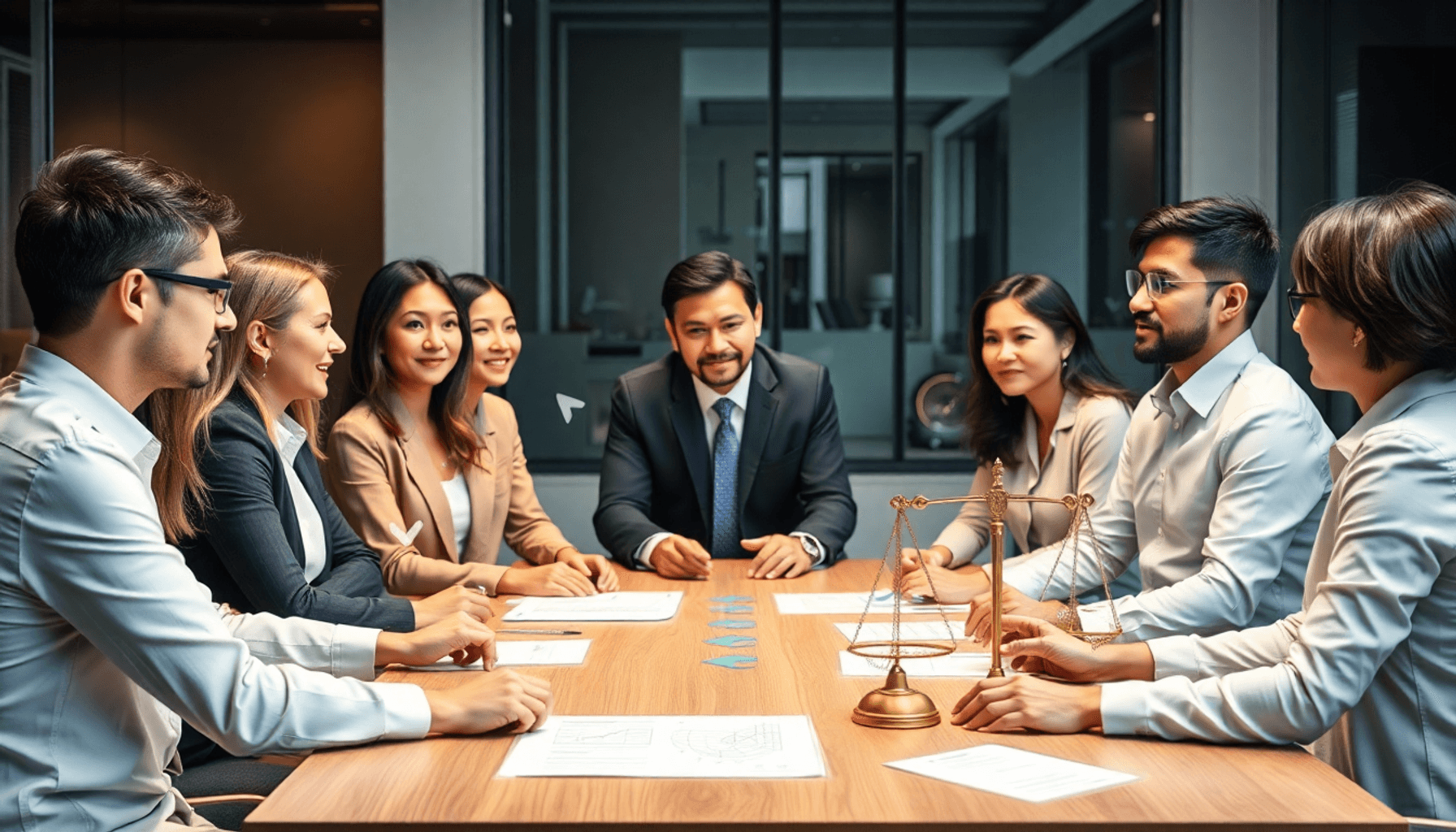A group of businesspeople collaborating around a table with abstract symbols like arrows and checkmarks, illustrating teamwork and strategic planni...