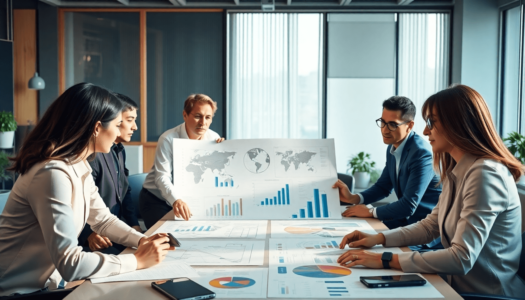 A group of professionals collaborating around a table with project plans and charts in a modern office with soft natural lighting.