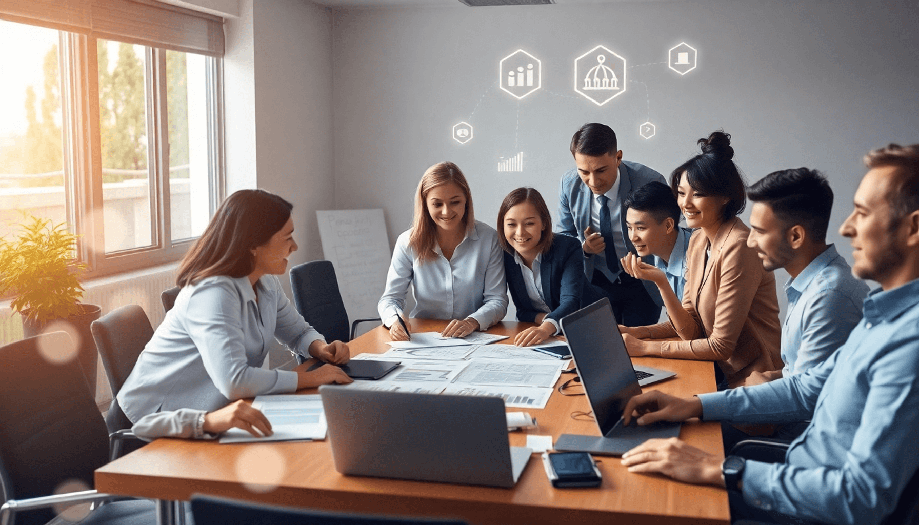 A group of professionals collaborating around a table with documents and laptops, soft natural lighting, and abstract project management icons in t...