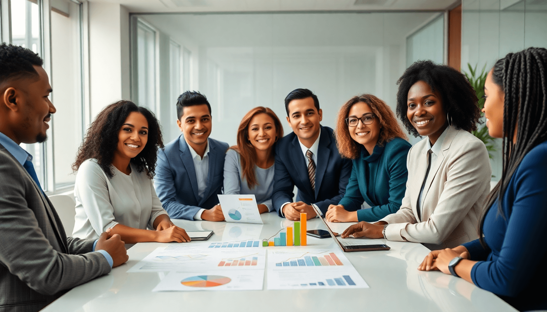 A group of professionals collaborating around a table with charts and symbols of growth in a bright, modern office, highlighting teamwork and inclu...