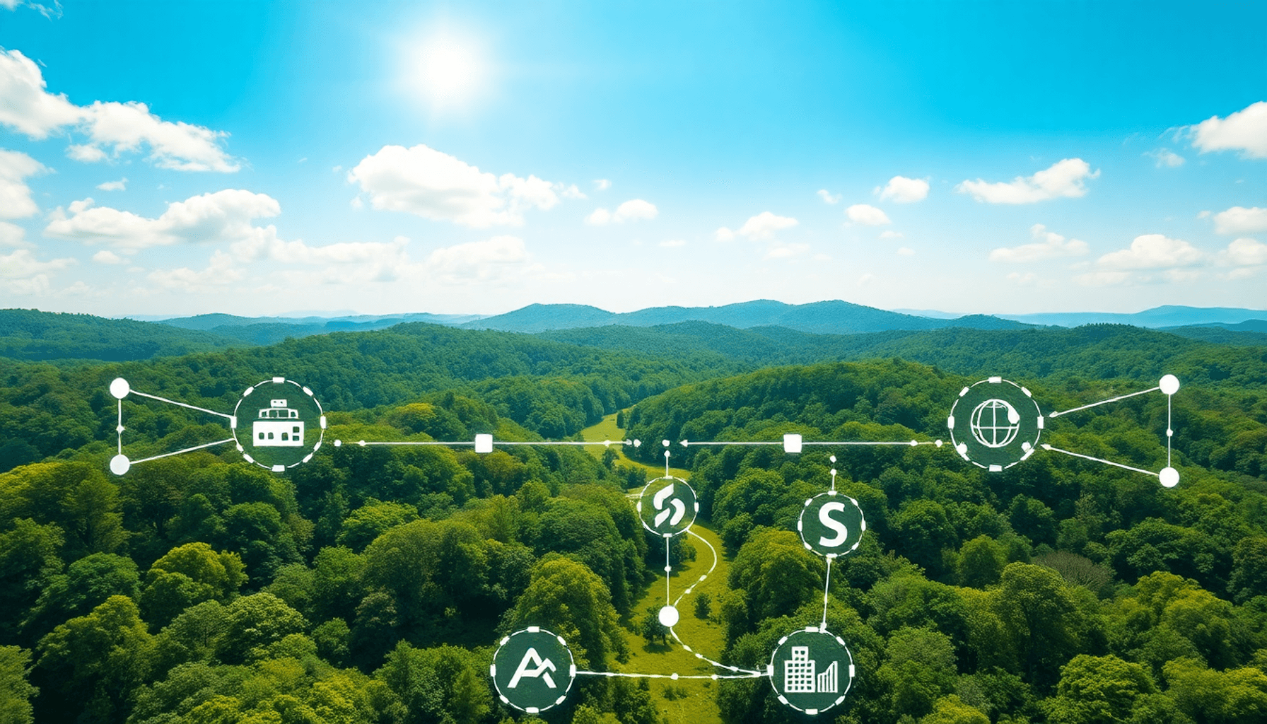 A lush green forest blending into an interconnected supply chain network with icons for environment, social care, and economy under a bright, clear...