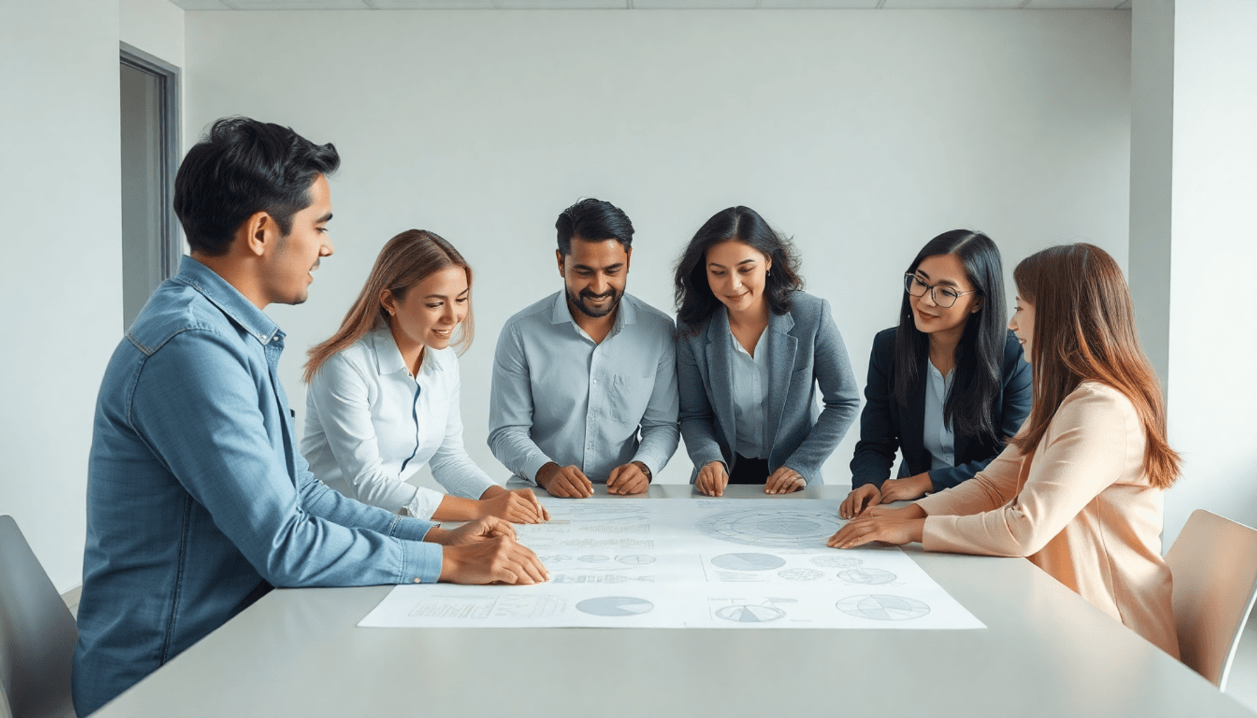 A modern workspace with professionals collaborating around a table covered in charts and diagrams, bathed in soft natural light in a neutral office...