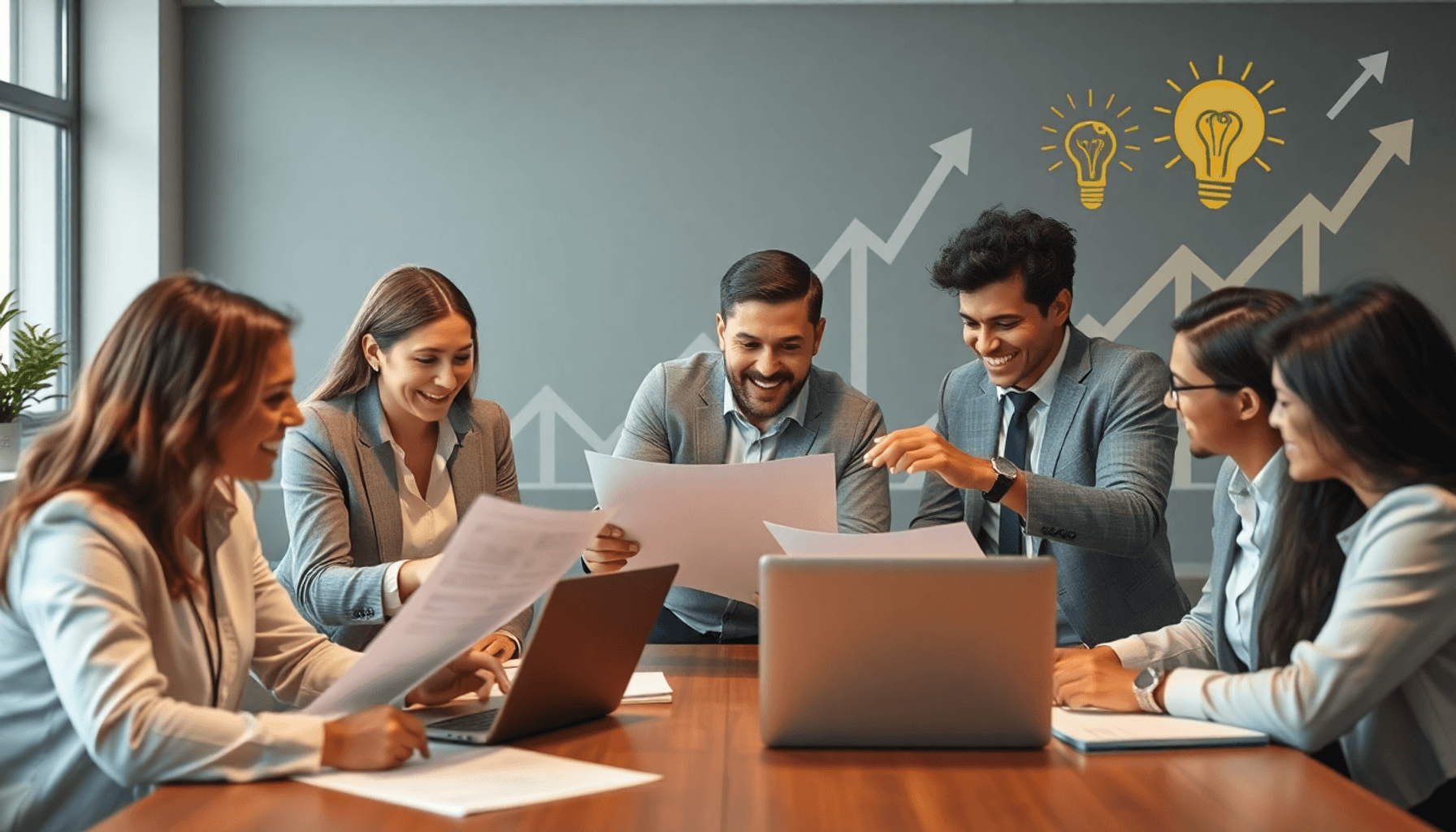 A professional workspace with businesspeople collaborating over documents and laptops, surrounded by abstract growth symbols like arrows and lightb...