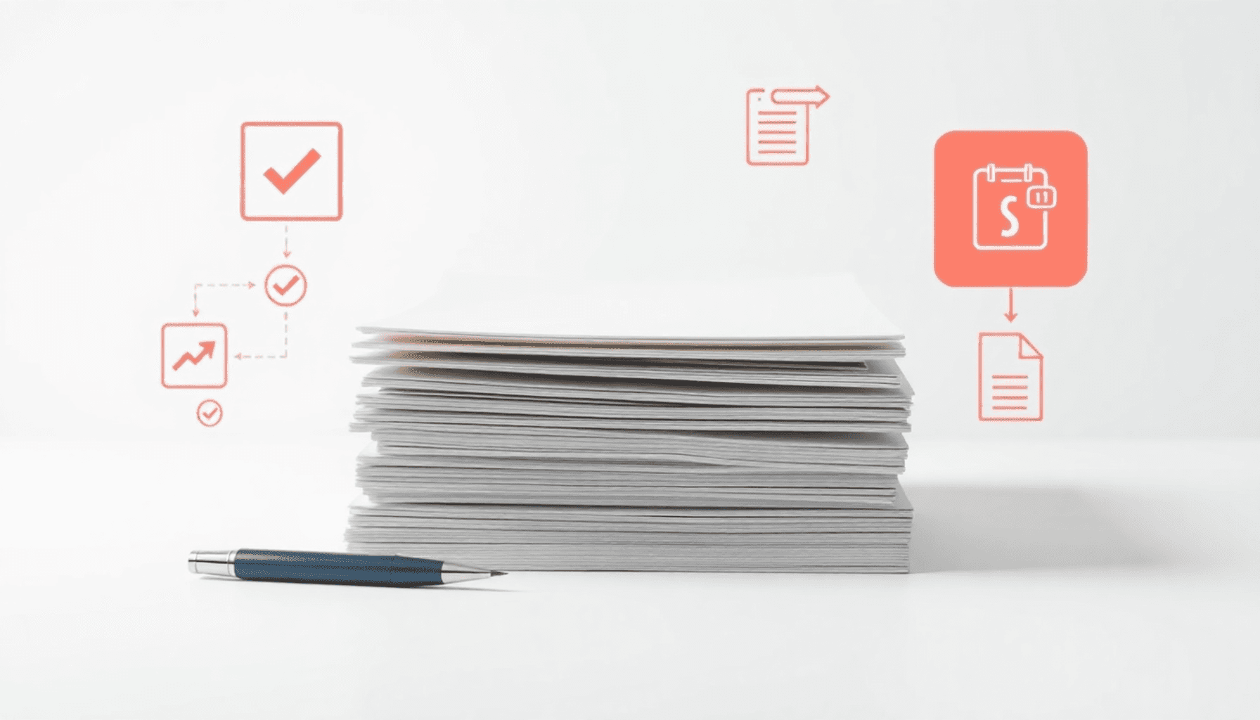 A tidy workspace with stacked documents and a pen, featuring abstract icons like checkmarks, flowcharts, and arrows on a soft gradient background.