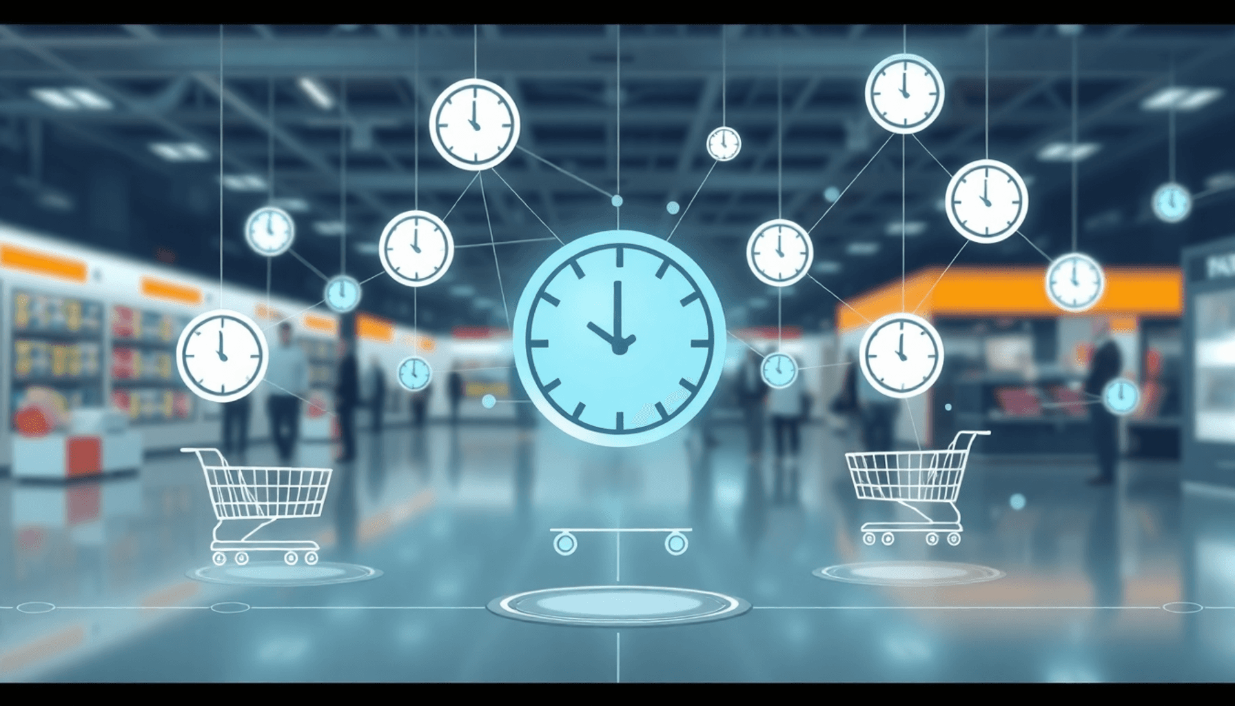 Abstract digital marketplace with shopping carts, interconnected networks, and clock icons symbolizing fast, efficient spotbuy procurement on a cle...