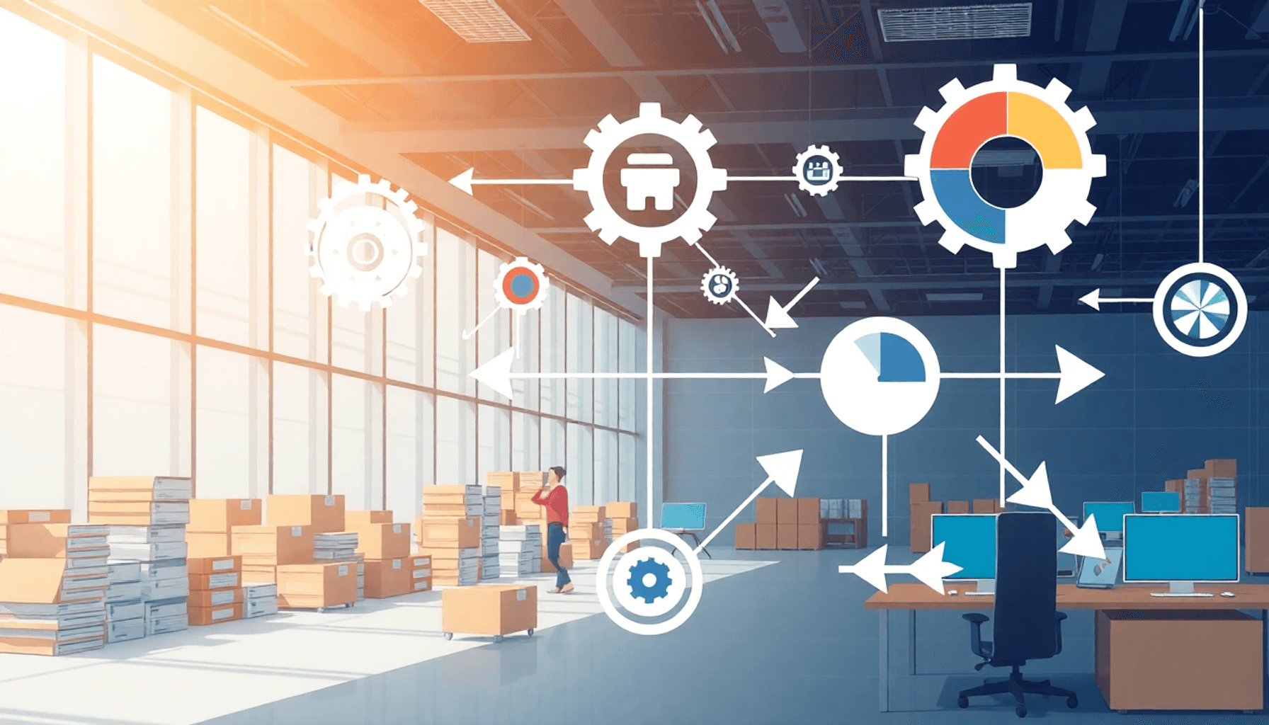 Abstract illustration of a corporate office with interconnected icons for procurement, supply chain, automation gears, pie charts, and arrows in a ...