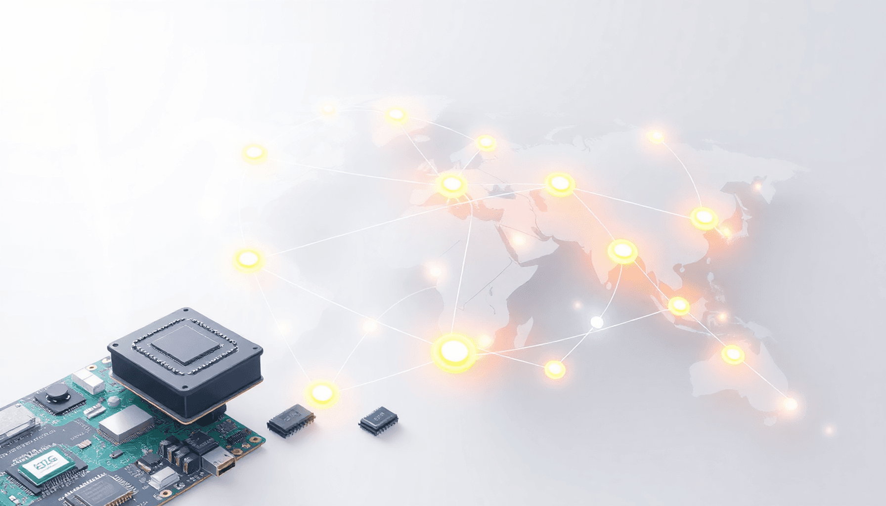 Abstract illustration of a global supply chain network with interconnected nodes, arrows, and electronic components on a clean, modern background.