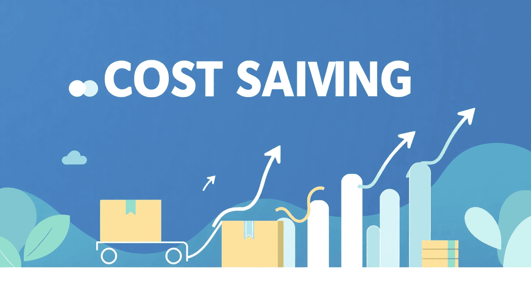 Abstract illustration of delivery boxes, arrows, and smooth charts in blues and greens symbolizing parcel shipping cost savings and optimization.