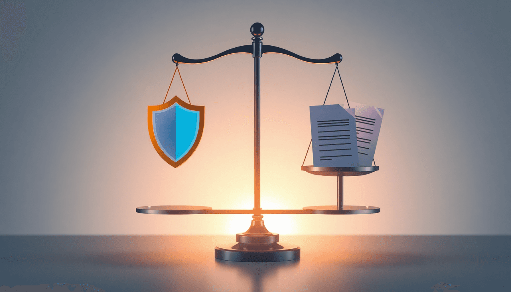 Balanced scale with a glowing shield on one side and abstract document shapes on the other, set against geometric patterns with soft illuminating l...