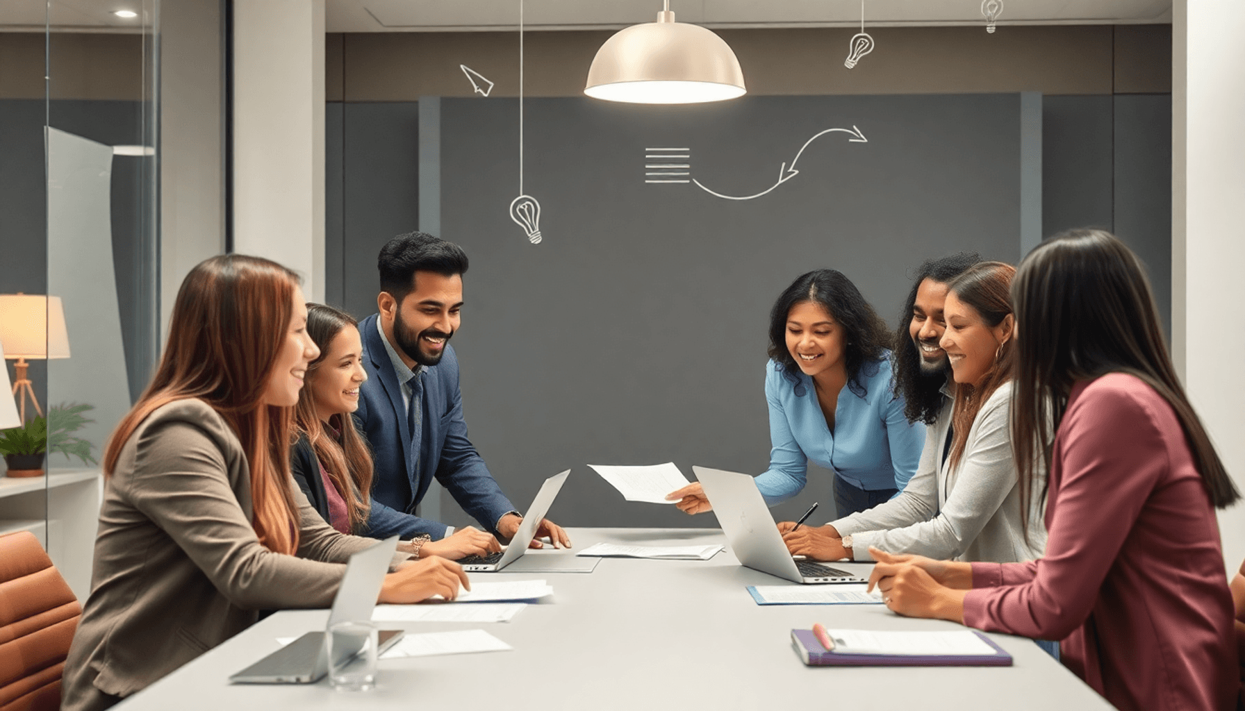 Business meeting with buyers and suppliers around a table, laptops and documents present, abstract arrows and lightbulbs symbolizing ideas and inno...