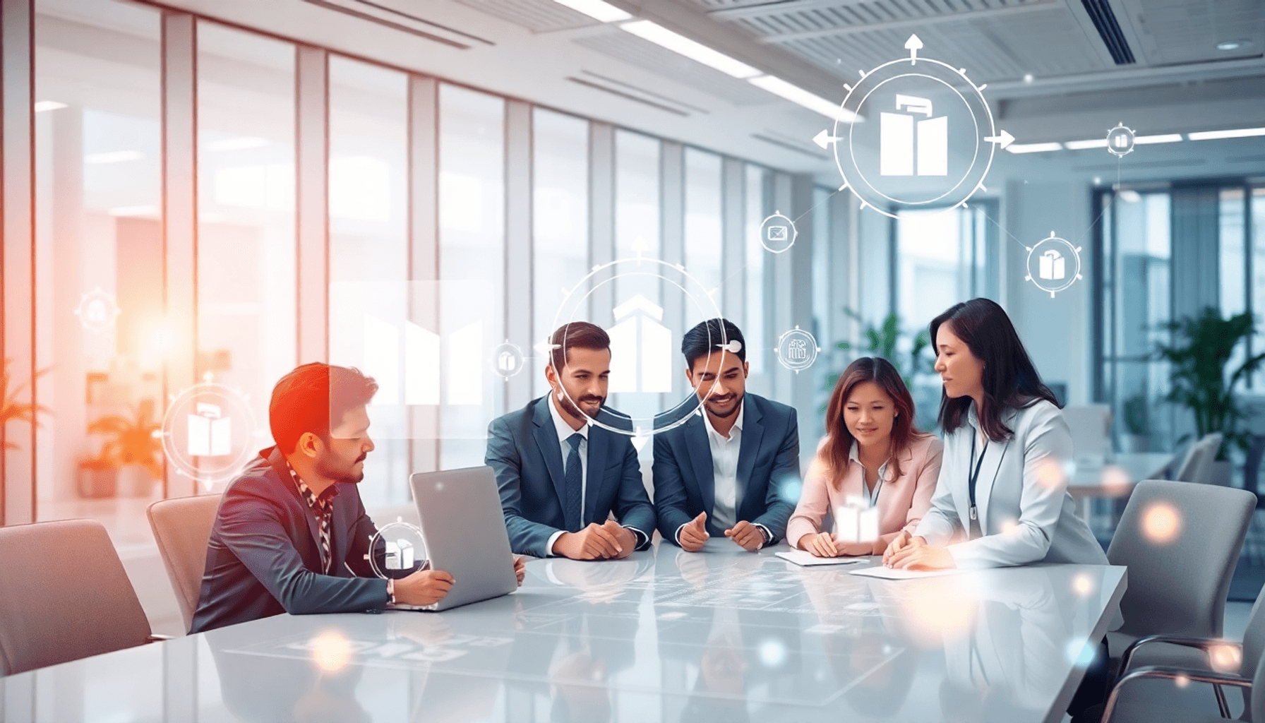 Business professionals collaborating around a large table with transparent digital interfaces and abstract icons symbolizing fairness, openness, an...