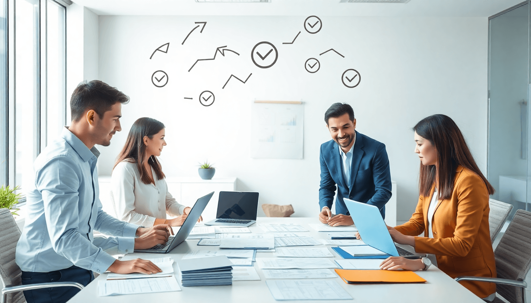Business professionals collaborating around a table with documents and laptops, abstract planning symbols floating above in a bright, organized off...