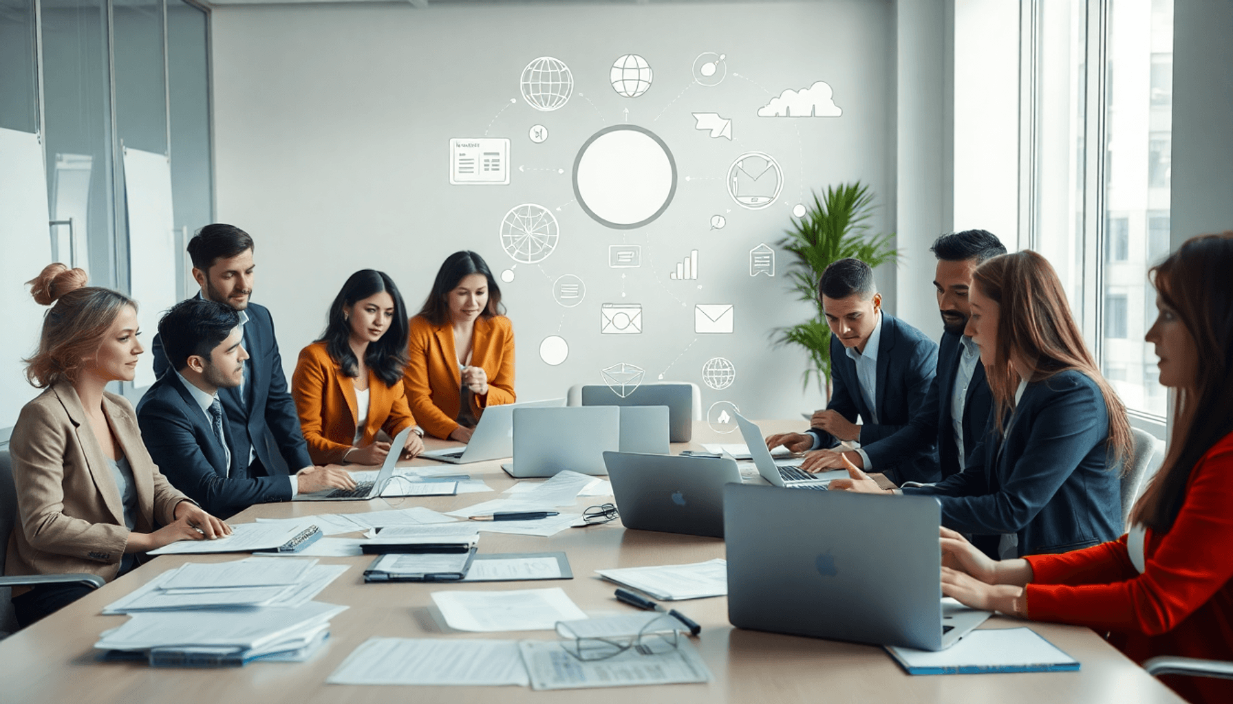 Business professionals collaborating around a table with laptops and documents, abstract icons of communication and organization floating above, in...
