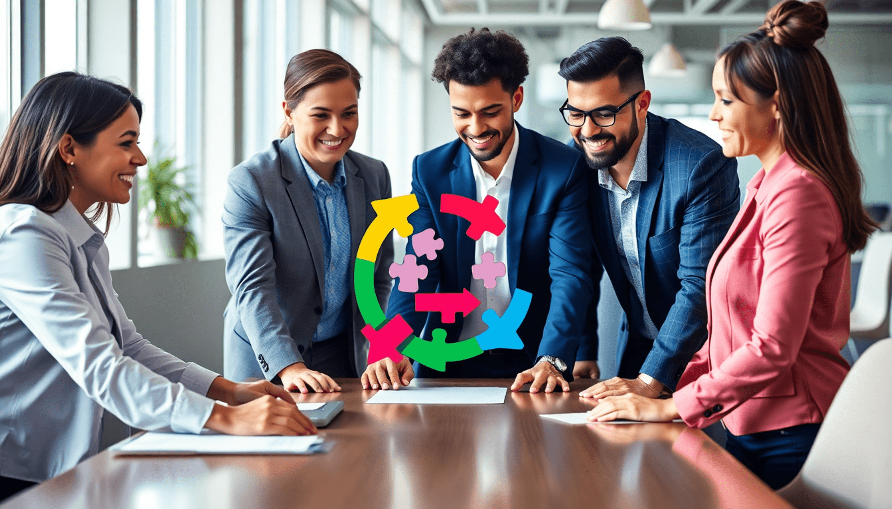Business professionals collaborating around a table with colorful interconnected arrows and puzzle pieces in a bright, modern office symbolizing gr...