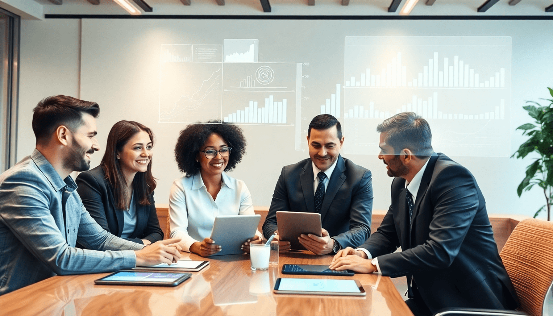 Business professionals collaborating around a table with digital tablets and holographic charts, symbolizing supplier performance and KPI tracking ...