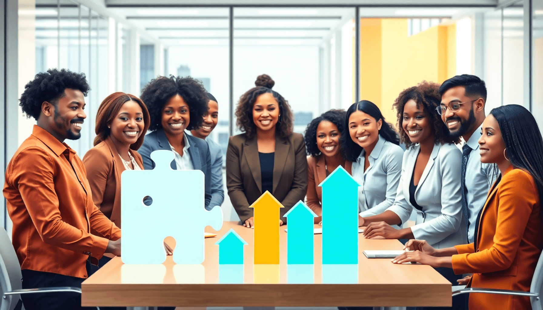 Business professionals collaborating around a table with abstract growth symbols in a bright, modern office, representing inclusive procurement and...