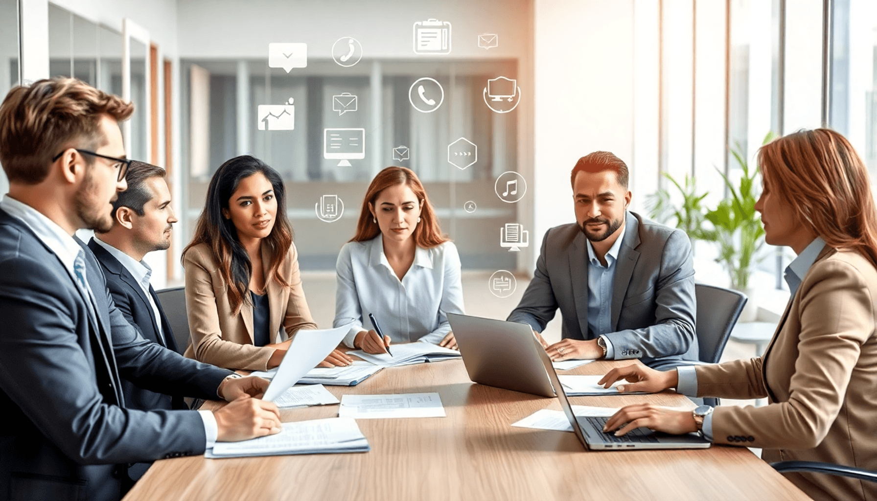 Business professionals collaborating around a table with laptops and documents, abstract icons of communication and negotiation floating above, in ...