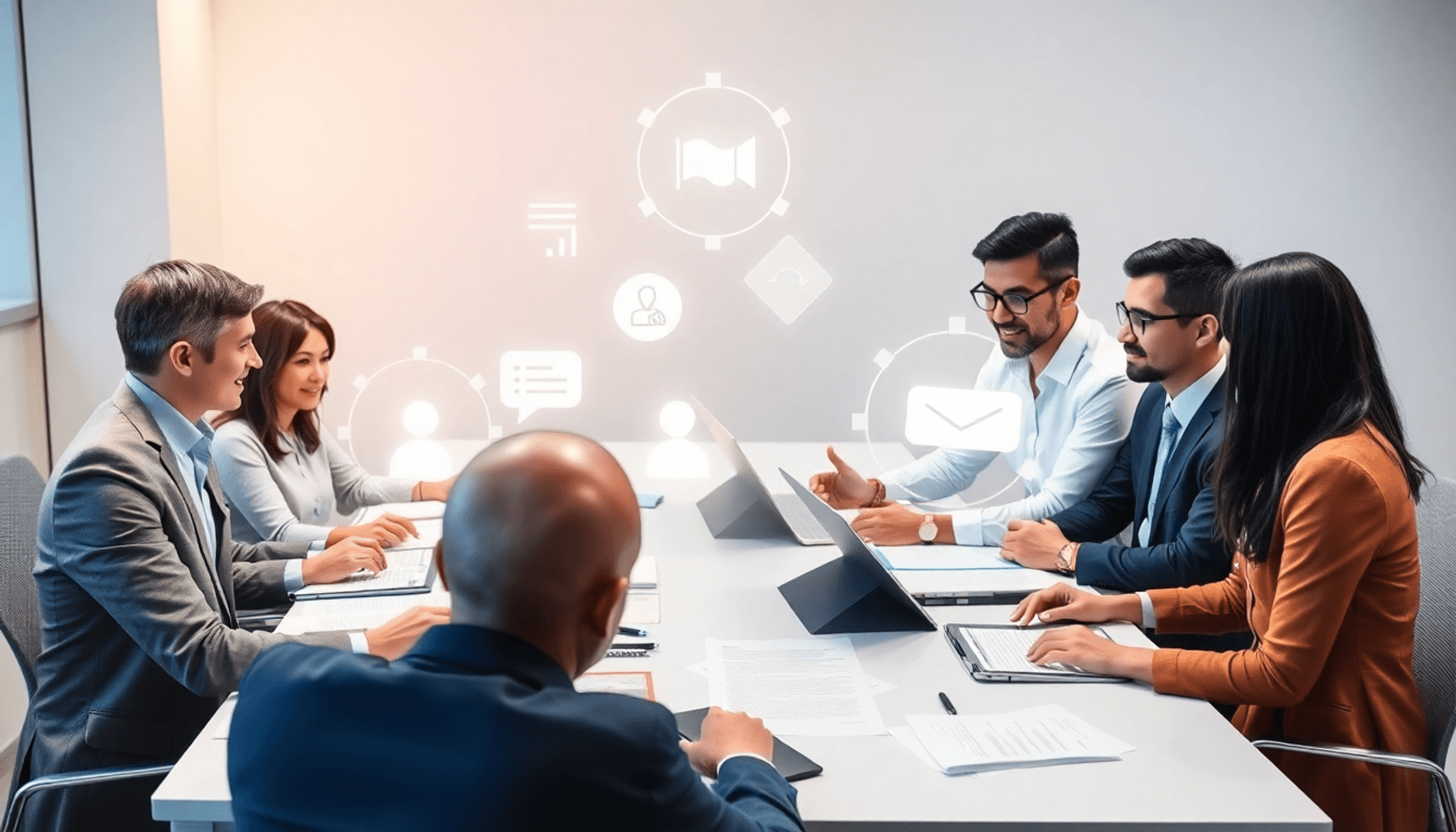 Business professionals collaborating around a table with documents and devices, abstract communication and contract icons in the softly lit backgro...