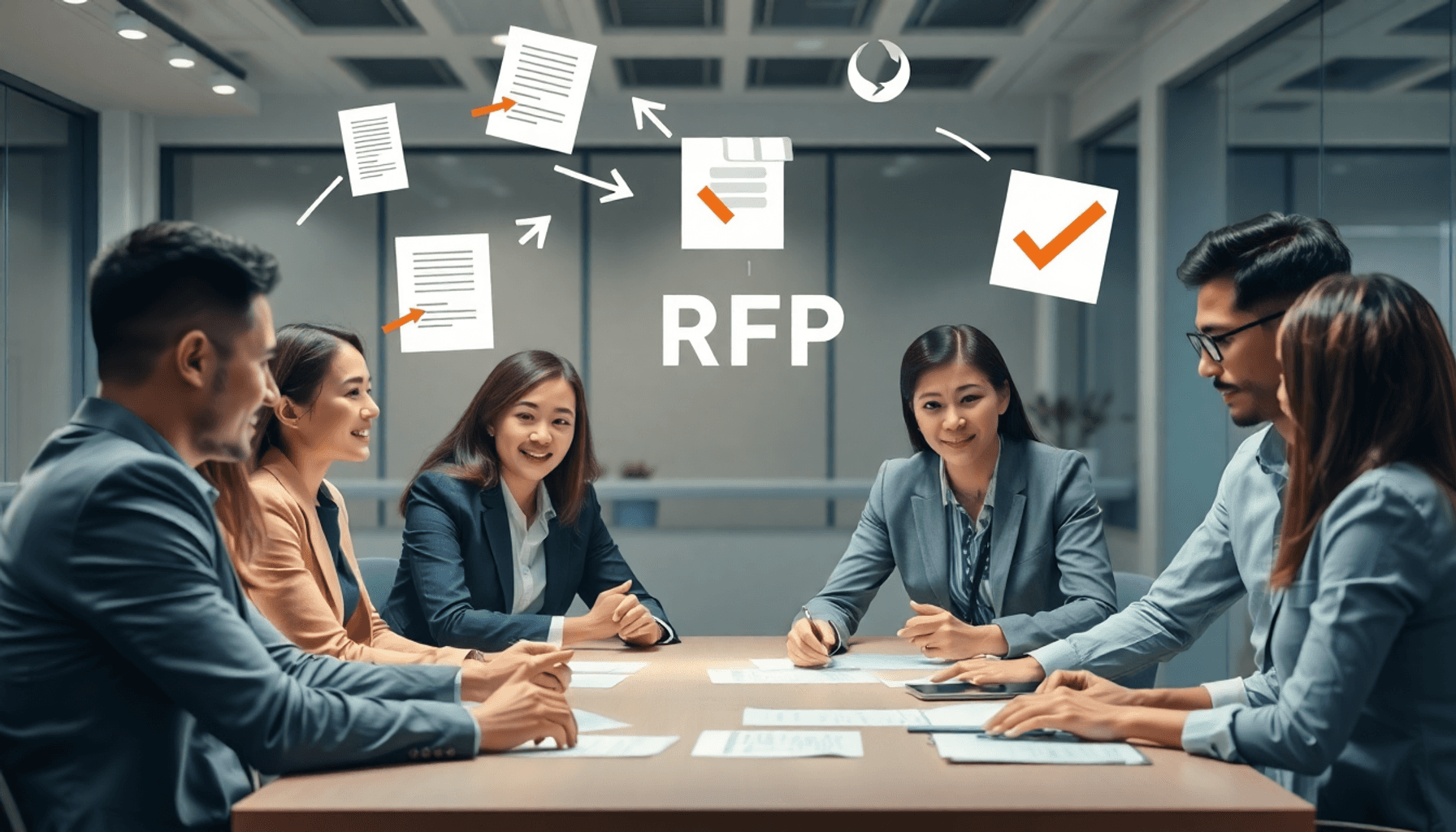Business professionals collaborating around a table with floating symbols of documents, arrows, and checkmarks in a modern office setting.