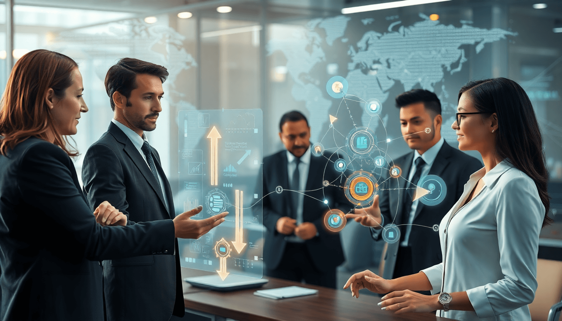 Business professionals collaborating around holographic interfaces with glowing arrows and abstract maps, symbolizing AI-driven procurement and glo...