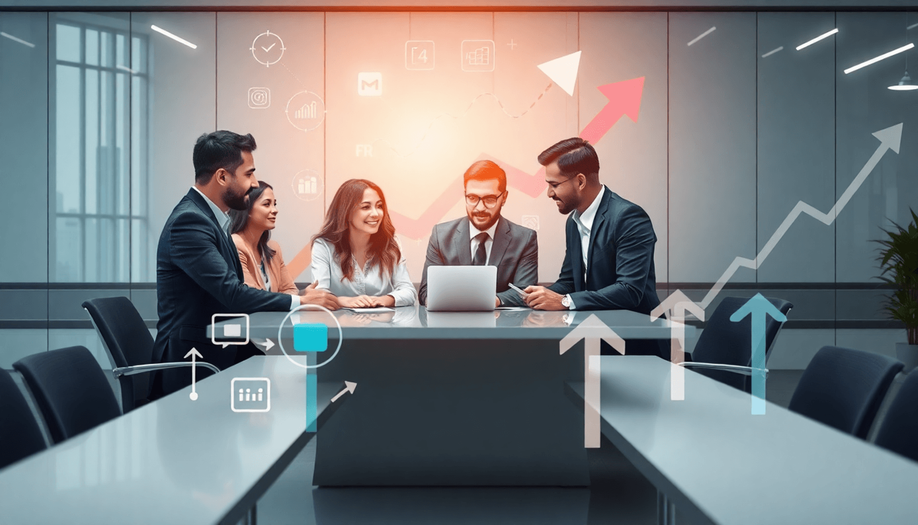 Business professionals collaborating at a modern office table with digital icons, arrows, and graphs symbolizing growth and technology integration.